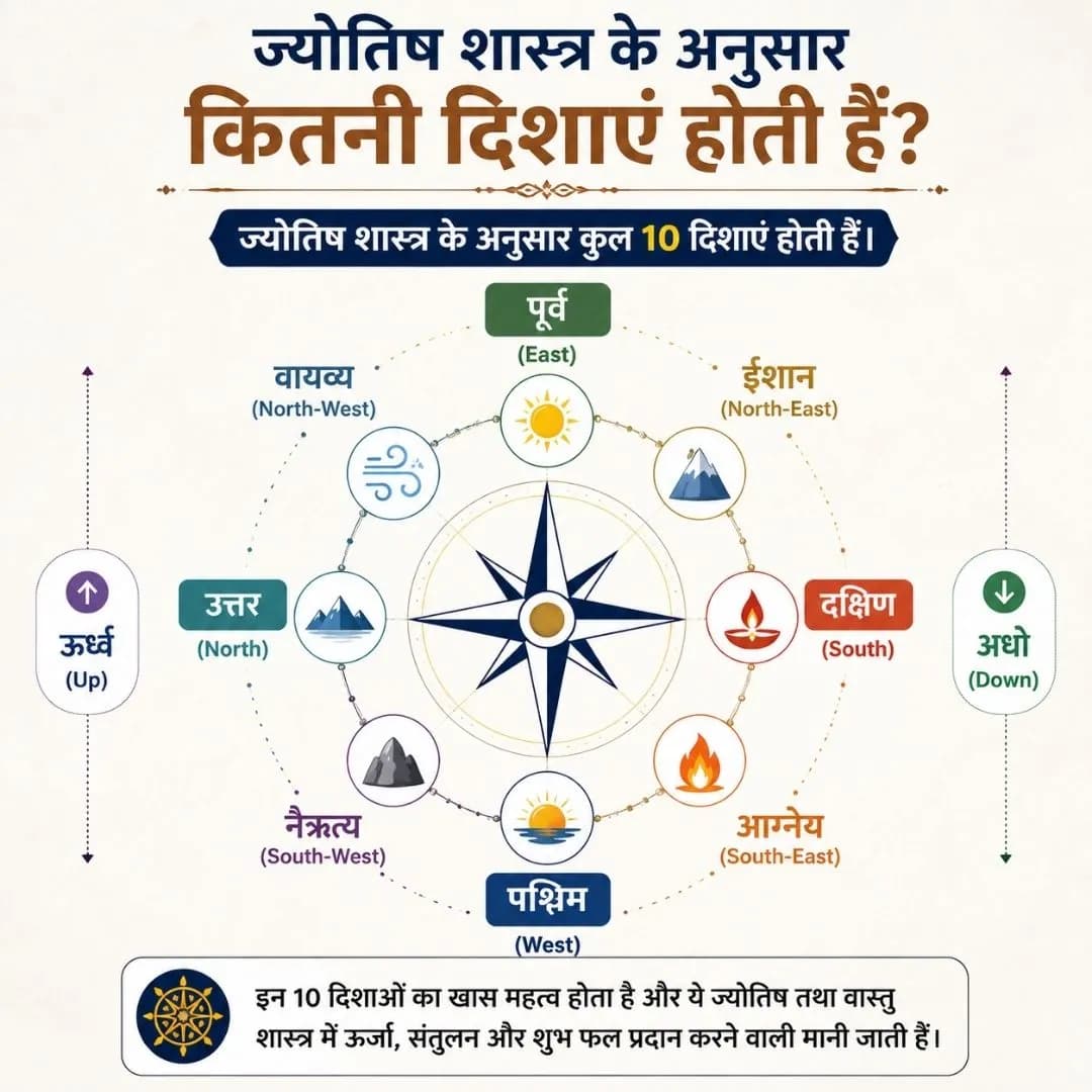 Clean square infographic showing the 10 directions in astrology with a compass design in Hindi.