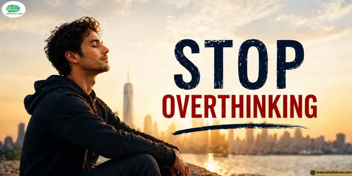 stop overthinking concept person relaxing with peaceful mindset and city view
